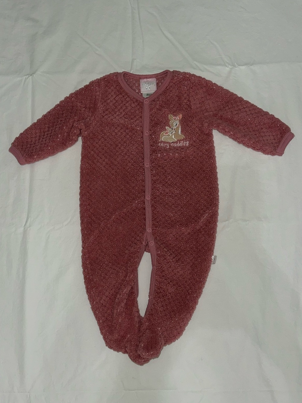 Plush Pink Footed Baby One-Piece with Embroidered Deer